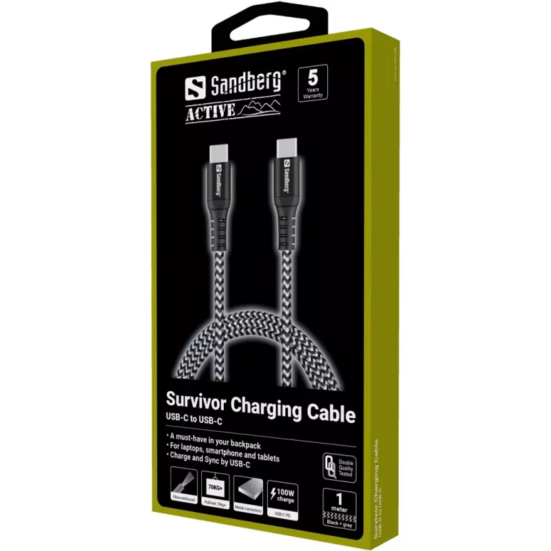 Sandberg Survivor καλώδιο USB-C 1M 100W, 1 m, USB C, USB C, USB 2.0, μαύρο, γκρι