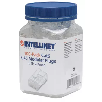 Intellinet RJ45 αρθρωτό βύσμα, Cat6, UTP, 2 ακίδων, για λεπτόκλωνο αγωγό, επαφές επιχρυσωμένες 15 µ, συσκευασία 100 τεμ.