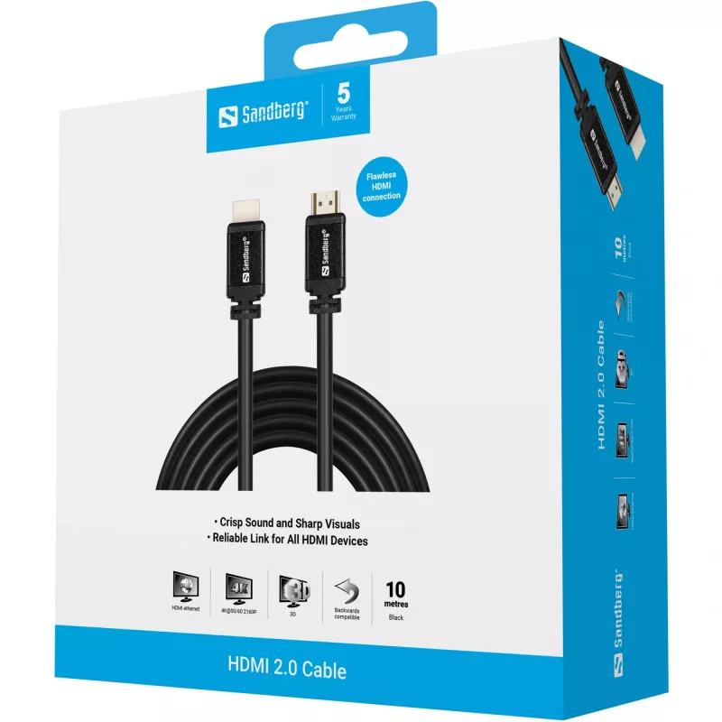 Sandberg Καλώδιο HDMI 2.0 19M-19M, 10 m, HDMI τύπου A (Standard), HDMI τύπου A (Standard), μαύρο