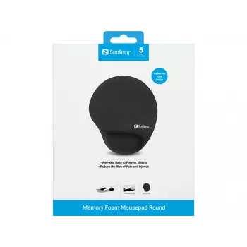 Sandberg Mousepad Memory Foam Στρογγυλό, μαύρο, μονόχρωμο, Memory Foam, στήριγμα καρπού, αντιολισθητική βάση