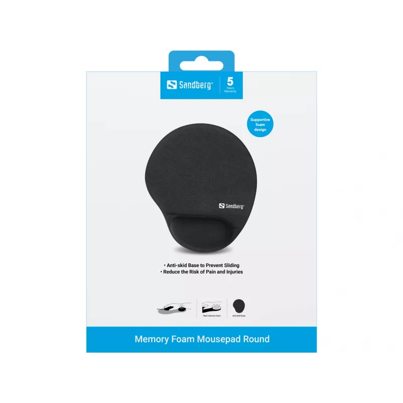 Sandberg Mousepad Memory Foam Στρογγυλό, μαύρο, μονόχρωμο, Memory Foam, στήριγμα καρπού, αντιολισθητική βάση