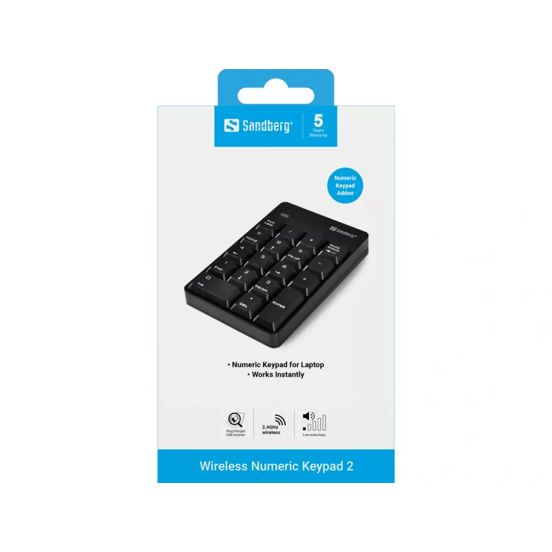 Sandberg Ασύρματο Αριθμητικό Πληκτρολόγιο 2, RF Wireless, 18, Laptop/PC, μαύρο