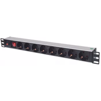 Intellinet 19 ιντσών 1U Rackmount Μονάδα διανομής ισχύος (PDU) 8 εξόδων με πρίζες EU-CEE-7/3, διακόπτη on/off και προστασία υπερφόρτωσης, ενσωματωμένο καλώδιο τροφοδοσίας 3m με βύσμα EU-CEE-7/4
