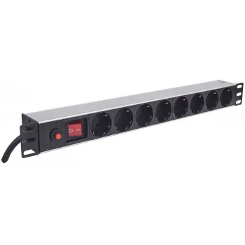 Intellinet 19 ιντσών 1U Rackmount Μονάδα διανομής ισχύος (PDU) 8 εξόδων με πρίζες EU-CEE-7/3, διακόπτη on/off και προστασία υπερφόρτωσης, ενσωματωμένο καλώδιο τροφοδοσίας 3m με βύσμα EU-CEE-7/4