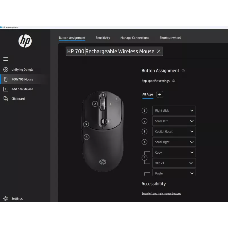 HP 700 Επαναφορτιζόμενο Ασύρματο Ποντίκι, Αμφίχειρο, RF Wireless + Bluetooth, 6000 DPI, Μαύρο