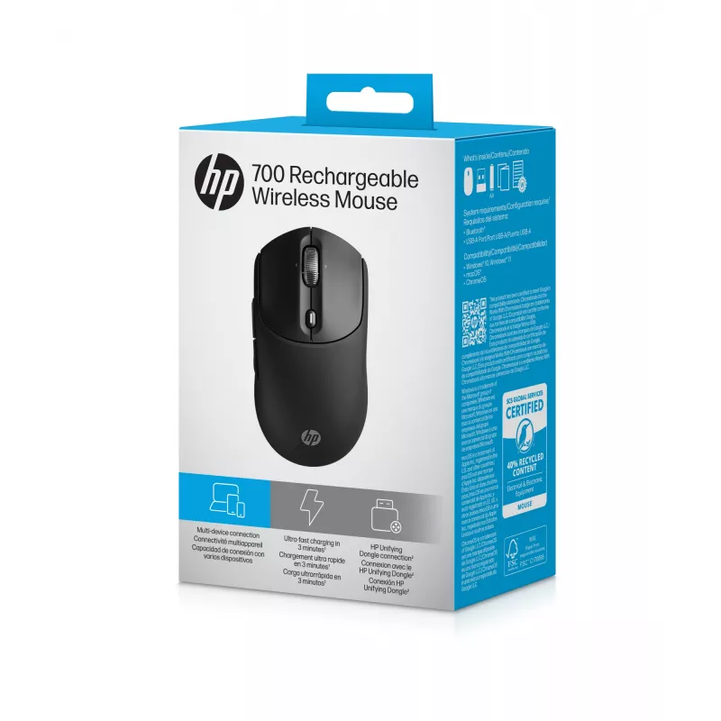 HP 700 Επαναφορτιζόμενο Ασύρματο Ποντίκι, Αμφίχειρο, RF Wireless + Bluetooth, 6000 DPI, Μαύρο