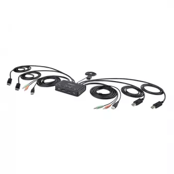 StarTech.com 2-Port Dual-Monitor DisplayPort KVM Switch Καλωδίου, 4K 60Hz, Συμπαγής KVM Switch με Ενσωματωμένα Καλώδια USB-A/DisplayPort/Ήχου 1,5 m, Τροφοδοτούμενος από το Bus – Εναλλαγή με Τηλεχειριστήριο/Συντομεύσεις Πληκτρολογίου