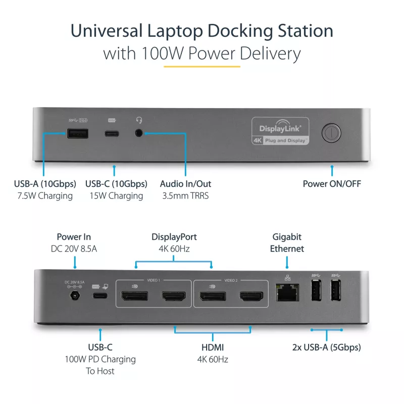 StarTech.com Universal Docking Station φορητού υπολογιστή, Υβριδικό USB-C & USB-A Dock, Dual 4K DP & HDMI, 100W PD, Mac / Windows / Chrome OS, 4x USB 5Gbps Hub, GbE