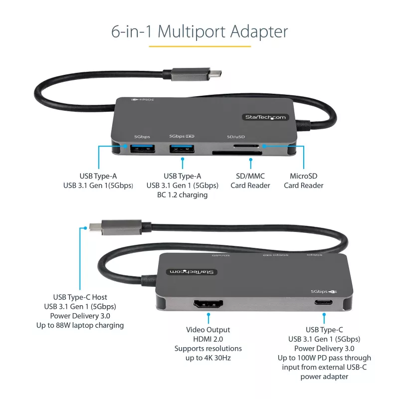 StarTech.com DKT30CHSDPD προσαρμογέας πολλαπλών θυρών USB-C mini dock, HDMI 4K, 100 W PD pass-through, υποδοχή SD/microSD, διανομέας USB 3.0 3 θυρών, σταθερό καλώδιο 30 cm