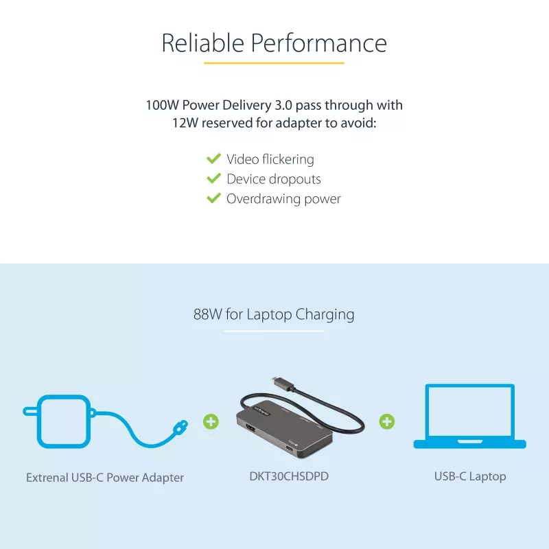 StarTech.com DKT30CHSDPD προσαρμογέας πολλαπλών θυρών USB-C mini dock, HDMI 4K, 100 W PD pass-through, υποδοχή SD/microSD, διανομέας USB 3.0 3 θυρών, σταθερό καλώδιο 30 cm