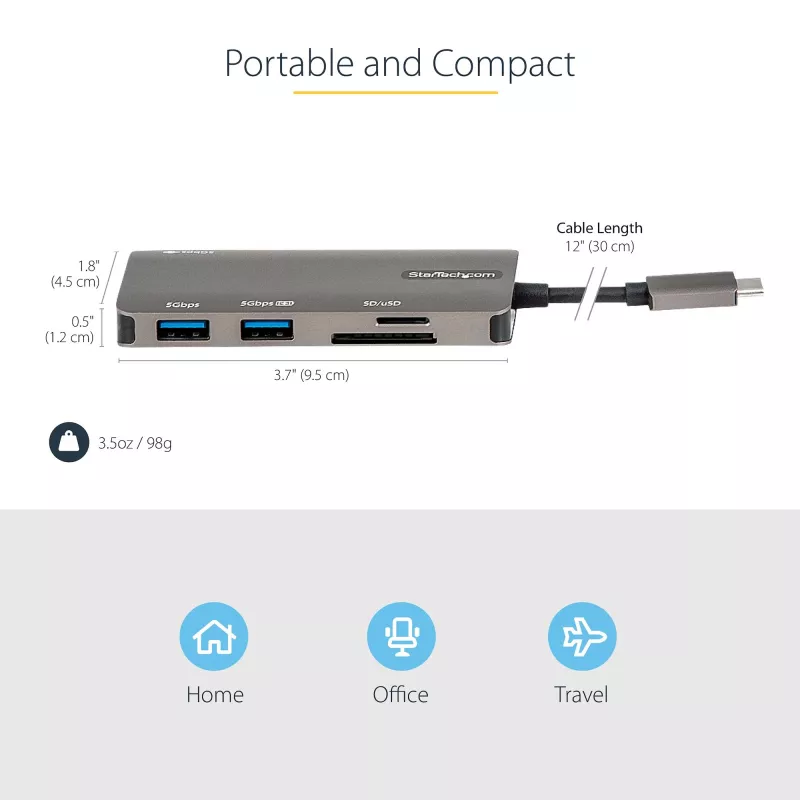 StarTech.com DKT30CHSDPD προσαρμογέας πολλαπλών θυρών USB-C mini dock, HDMI 4K, 100 W PD pass-through, υποδοχή SD/microSD, διανομέας USB 3.0 3 θυρών, σταθερό καλώδιο 30 cm