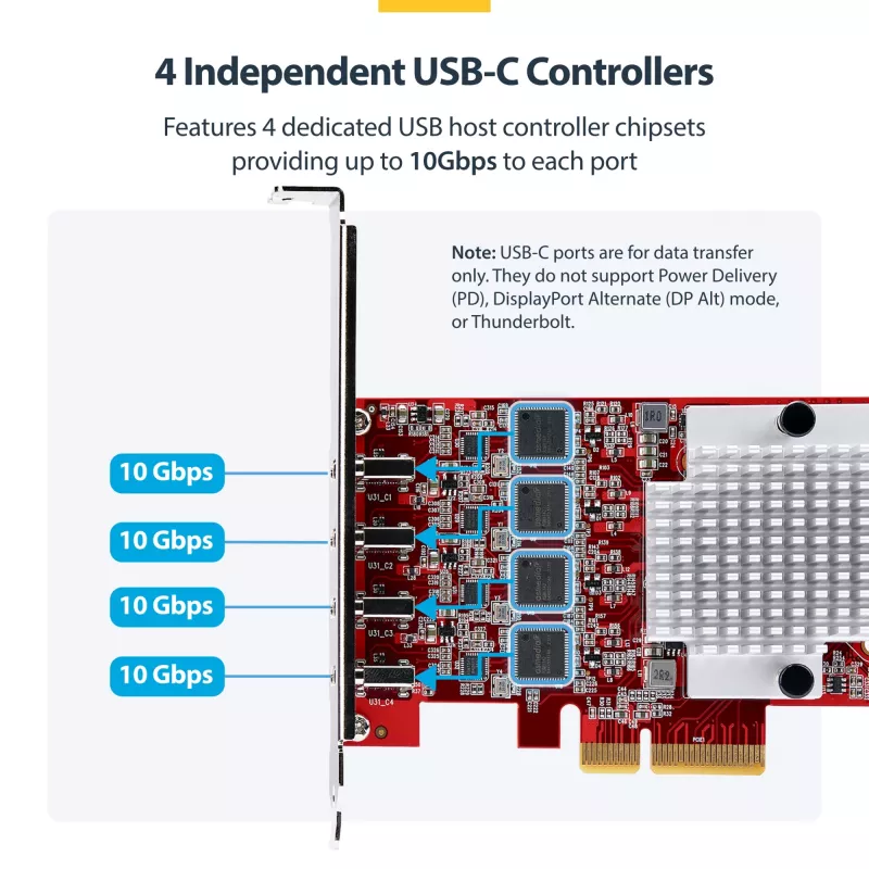 StarTech.com Κάρτα PCIe USB Type-C 4 θυρών, USB 3.2 10Gbps, Κάρτα επέκτασης USB-C PCI Express, 4x ανεξάρτητοι ελεγκτές USB, Windows/Linux/macOS, TAA-συμβατό