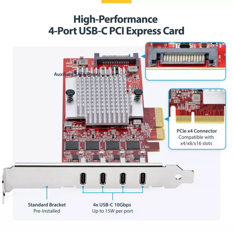 StarTech.com Κάρτα PCIe USB Type-C 4 θυρών, USB 3.2 10Gbps, Κάρτα επέκτασης USB-C PCI Express, 4x ανεξάρτητοι ελεγκτές USB, Windows/Linux/macOS, TAA-συμβατό