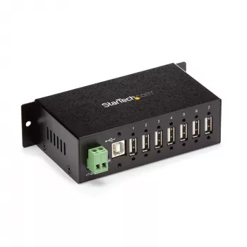 StarTech.com ST7200USBM βιομηχανικό USB 2.0 hub 7 θυρών, μεταλλικό περίβλημα, προστασία ESD και υπέρτασης, τοποθέτηση σε ράγα DIN/τοίχο/γραφείο, 7–24 V DC, συμβατό με TAA, μαύρο