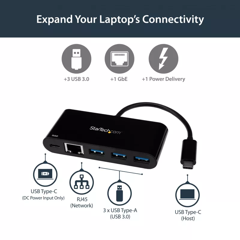 StarTech.com Προσαρμογέας USB-C σε Ethernet με Hub USB 3.0 3 θυρών και Power Delivery
