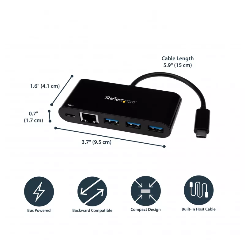 StarTech.com Προσαρμογέας USB-C σε Ethernet με Hub USB 3.0 3 θυρών και Power Delivery