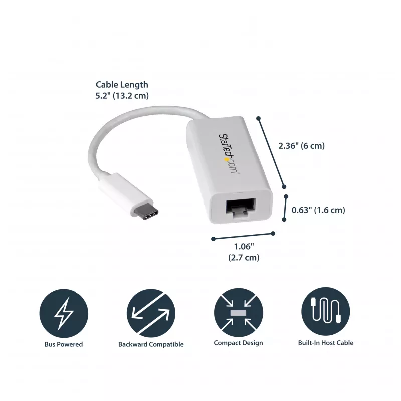 StarTech.com Προσαρμογέας USB-C σε Gigabit δικτύου - Λευκό, Ενσύρματο, USB Type-C, Ethernet, 5000 Mbit/s, Λευκό