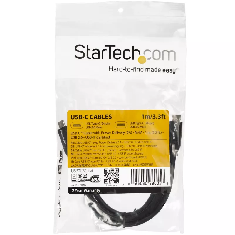 StarTech.com Καλώδιο USB-C σε USB-C με 5A PD – M/M – 1 m – USB 2.0 – Πιστοποιημένο USB-IF