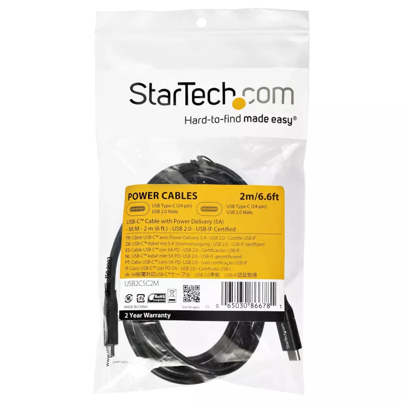 StarTech.com Καλώδιο USB-C σε USB-C με 5A PD – M/M – 2 m – USB 2.0 – Πιστοποιημένο USB-IF