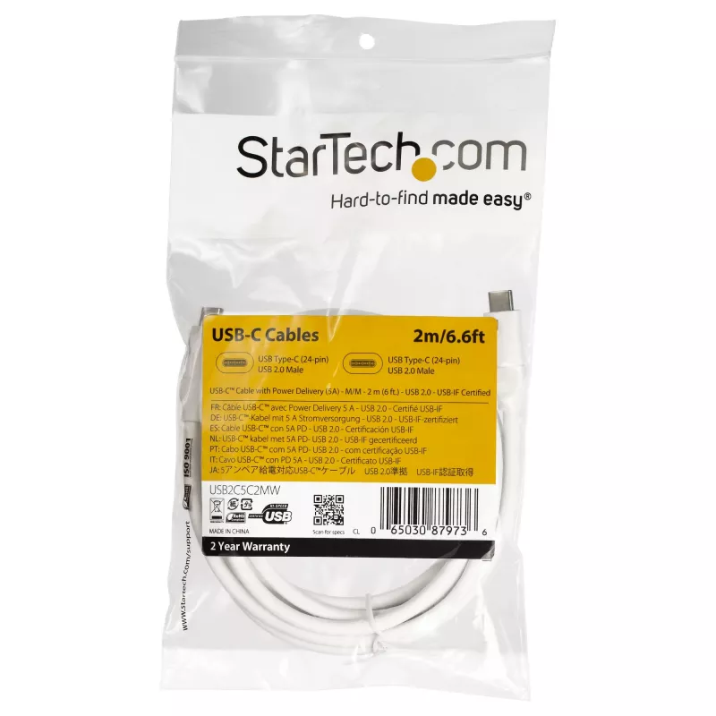 StarTech.com Καλώδιο USB-C σε USB-C με 5 A PD – M/M – Λευκό – 2 m – USB 2.0 – Πιστοποιημένο USB-IF