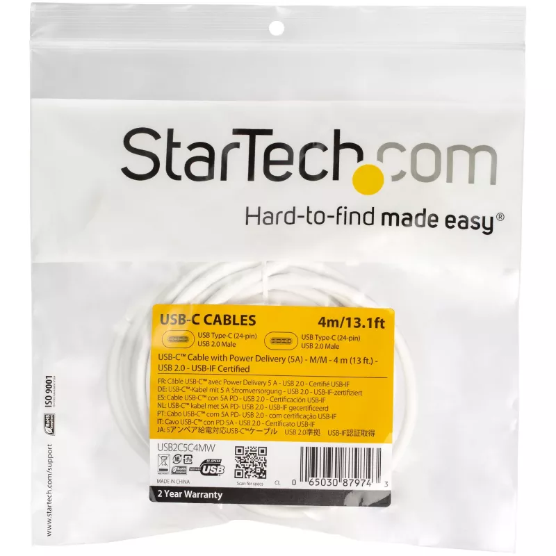 StarTech.com Καλώδιο USB-C σε USB-C με 5A PD - M/M - Λευκό - 4 m - USB 2.0 - Πιστοποιημένο USB-IF