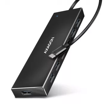 Axagon HUE-F7C επίπεδος αλουμινένιος διανομέας φόρτισης USB 3.2 Gen 1 με 7 θύρες, 7x USB-A, καλώδιο USB-C 30 cm, σύνδεση εξωτερικού τροφοδοτικού, μαύρος