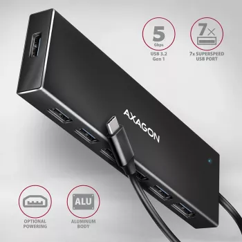 Axagon HUE-F7C επίπεδος αλουμινένιος διανομέας φόρτισης USB 3.2 Gen 1 με 7 θύρες, 7x USB-A, καλώδιο USB-C 30 cm, σύνδεση εξωτερικού τροφοδοτικού, μαύρος