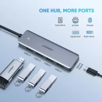 UGREEN 70336 (CM219) διανομέας USB-C σε 4x USB 3.0, 5 Gbps, OTG, θύρα τροφοδοσίας USB-C, καλώδιο 15 cm, γκρι