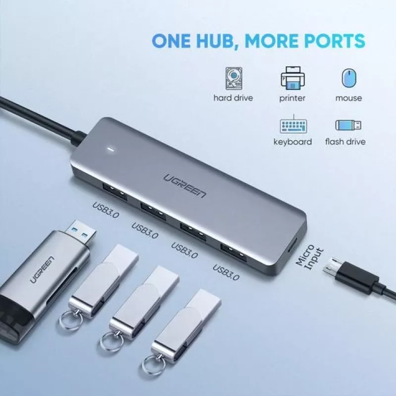 UGREEN 70336 (CM219) διανομέας USB-C σε 4x USB 3.0, 5 Gbps, OTG, θύρα τροφοδοσίας USB-C, καλώδιο 15 cm, γκρι