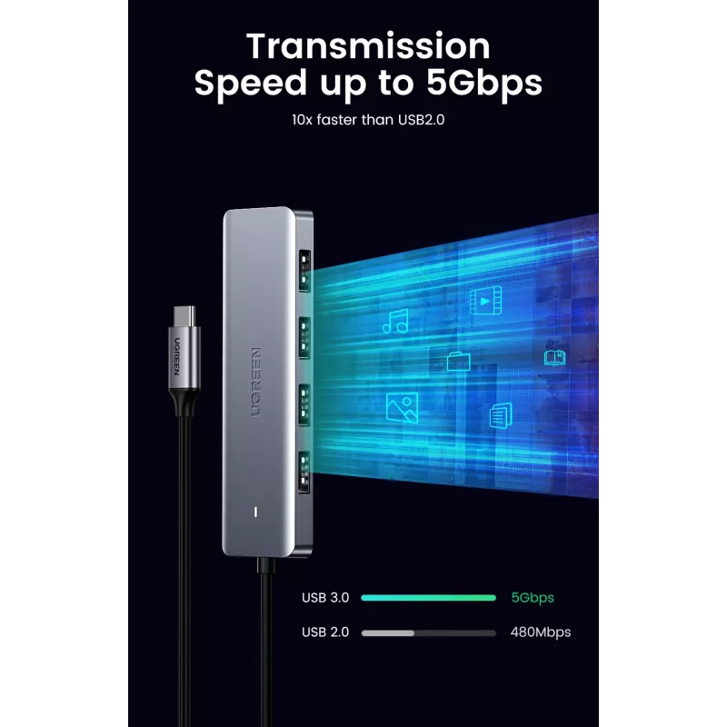 UGREEN 70336 (CM219) διανομέας USB-C σε 4x USB 3.0, 5 Gbps, OTG, θύρα τροφοδοσίας USB-C, καλώδιο 15 cm, γκρι