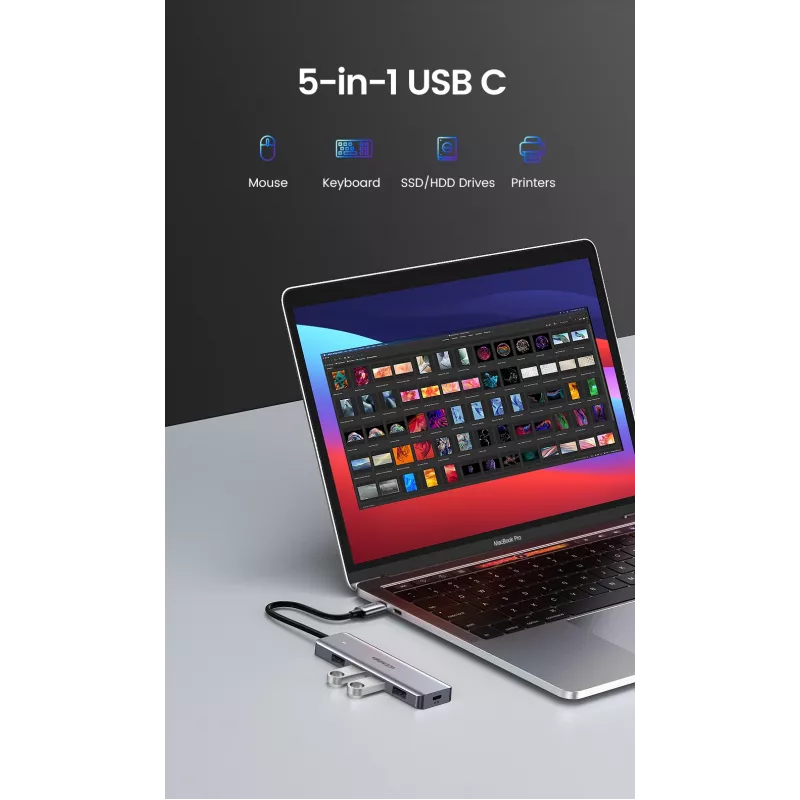 UGREEN 70336 (CM219) διανομέας USB-C σε 4x USB 3.0, 5 Gbps, OTG, θύρα τροφοδοσίας USB-C, καλώδιο 15 cm, γκρι