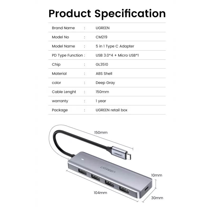 UGREEN 70336 (CM219) διανομέας USB-C σε 4x USB 3.0, 5 Gbps, OTG, θύρα τροφοδοσίας USB-C, καλώδιο 15 cm, γκρι