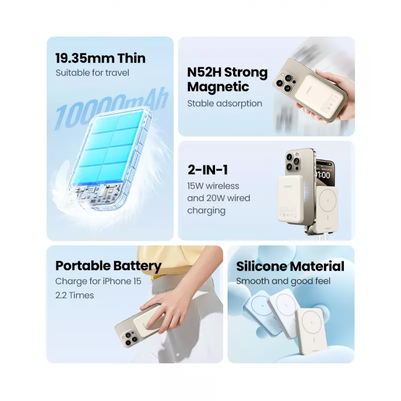 Ugreen 25208 Powerbank 10000 mAh ασύρματη φόρτιση μπεζ