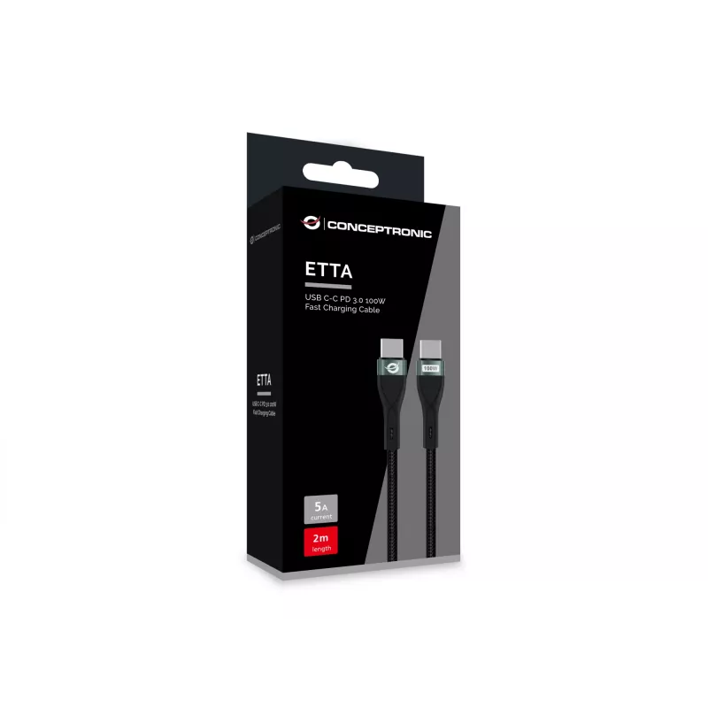 Conceptronic ETTA01B20 Καλώδιο γρήγορης φόρτισης USB C-C PD 3.0 100W 2M, 20V 5A, 480Mbps, E-Mark