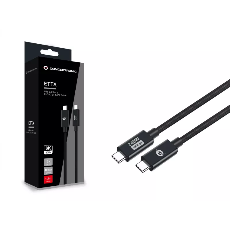 Conceptronic ETTA04B12 Καλώδιο USB 4.0 Gen 3 C-C PD 3.1 240W 1,2 m, 48 V 5 A, 40 Gbit/s, E-Mark