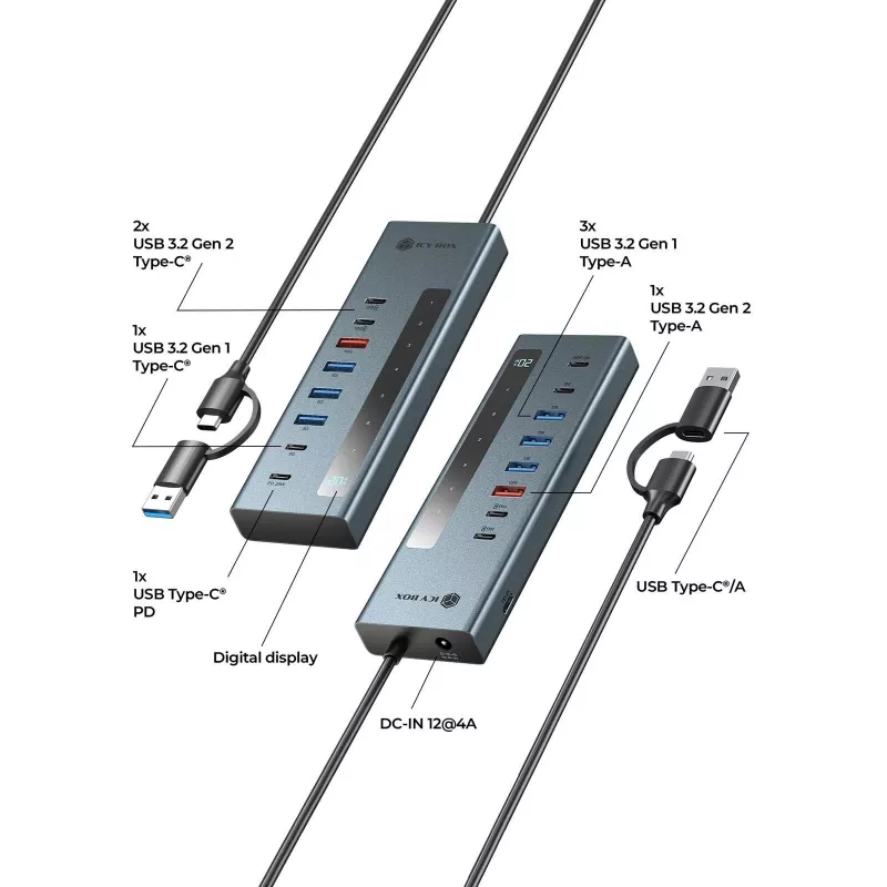 RAIDSONIC ICY BOX Hub 9 σε 1 με Power Delivery, USB 3.2 Gen 2 Type-C/Type-A Host, αλουμίνιο, μπλε