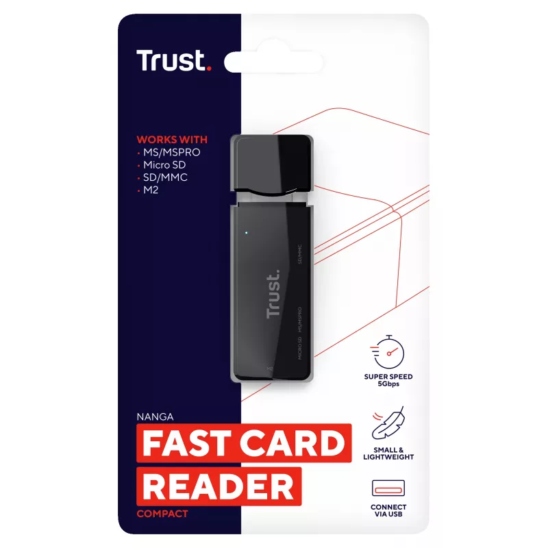 Trust Nanga 21935 συσκευή ανάγνωσης καρτών, USB 3.1 Gen 1, Type-A, SD/microSD/MS, μαύρη