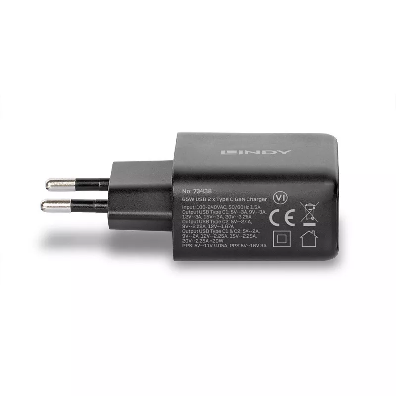 Lindy 65W USB 2 x Type-C GaN φορτιστής 73438
