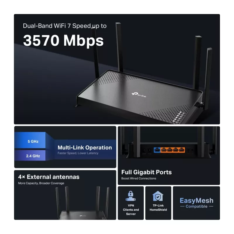 TP-Link Archer BE220 WLAN Router Gigabit Ethernet Dualband (2,4 GHz / 5 GHz) Μαύρο