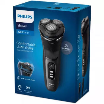 Ηλεκτρική περιστροφική ξυριστική μηχανή Philips 3000 Series S3244/12 – 3 κεφαλές ξυρίσματος, Υγρό & Στεγνό, Li‑Ion, 60 λεπτά διάρκεια, Pop‑up trimmer, πλένεται, μαύρο