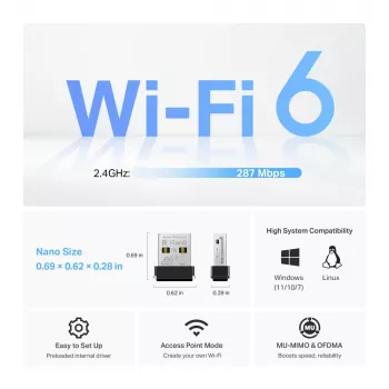 Ασύρματος προσαρμογέας USB TP‑Link Archer TX1U Nano Wi‑Fi 6 (IEEE 802.11ax) Dual‑Band 2,4/5 GHz, 287 Mbit/s, Bluetooth, USB 2.0, Μαύρο