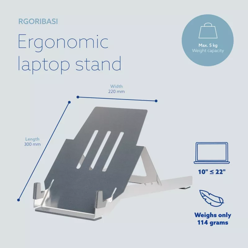 R-Go Tools Βάση laptop R-Go Riser Basic, αναδιπλούμενη και ρυθμιζόμενη βάση laptop, Αλουμίνιο, ασημί