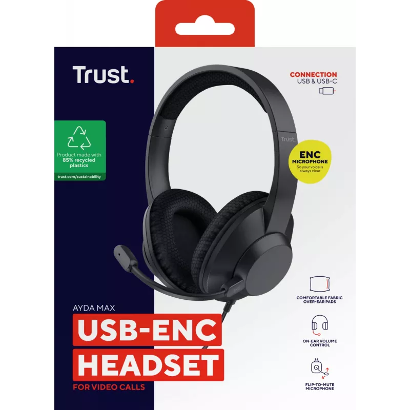 Trust Ayda Max Headset Ενσύρματο Head-band Κλήσεις/Μουσική USB Type-C / USB Type-A Μαύρο