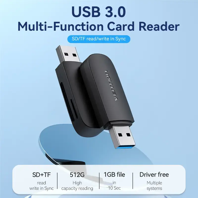 Vention CLGB0 αναγνώστης καρτών 2 σε 1, USB 3.0 A, SD + TF, διπλό γράμμα μονάδας, μαύρος