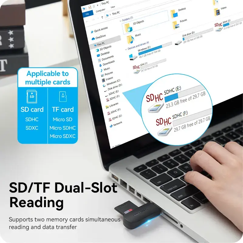 Vention CLGB0 αναγνώστης καρτών 2 σε 1, USB 3.0 A, SD + TF, διπλό γράμμα μονάδας, μαύρος
