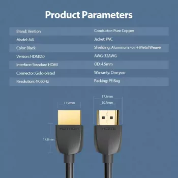 Vention Φορητό καλώδιο HDMI 1M μαύρο 2.0 18 Gbit/s
