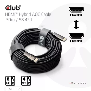 Καλώδιο CLUB3D HDMI™ Hybrid AOC 8K60Hz/4K120Hz 30m / 98,42 ft, 30 m, HDMI Type A (Standard), HDMI Type A (Standard), 48 Gbit/s, μαύρο
