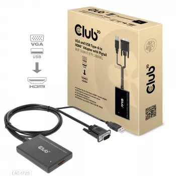 Club 3D CAC-1720 προσαρμογέας VGA και USB Type-A σε HDMI με pigtail M/F, 0,6 m (1,97 ft), 28AWG, μαύρος