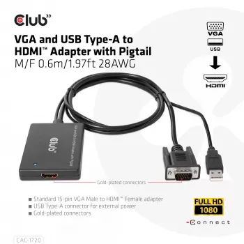 Club 3D CAC-1720 προσαρμογέας VGA και USB Type-A σε HDMI με pigtail M/F, 0,6 m (1,97 ft), 28AWG, μαύρος