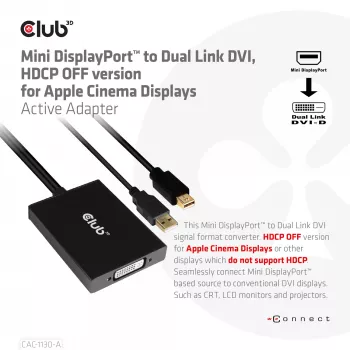 Ενεργός προσαρμογέας CLUB3D Mini DisplayPort σε Dual Link DVI, έκδοση HDCP OFF για Apple Cinema Displays